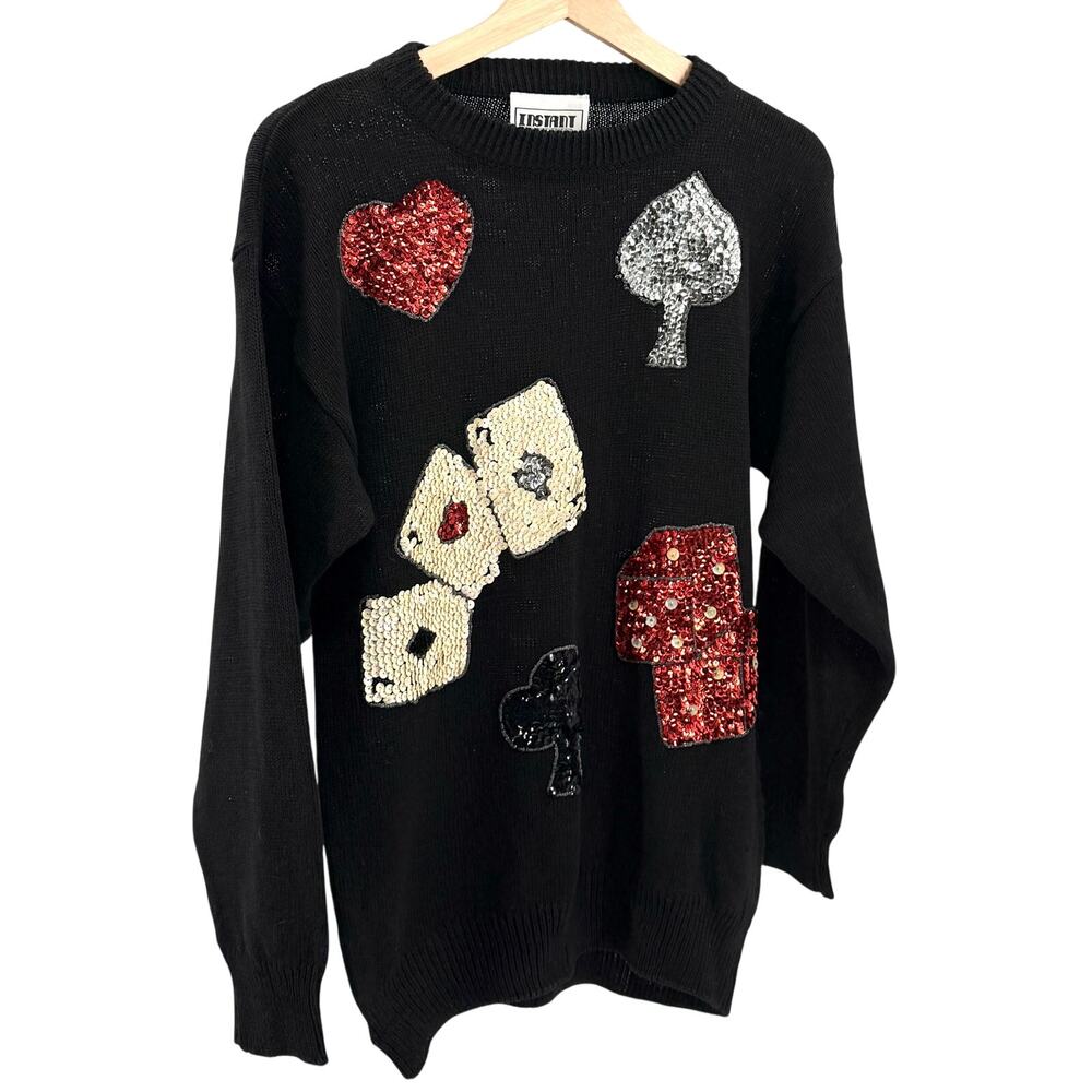 Vintage 90s Instant Black Sequin Playing Cards Casino Novelty Sweater